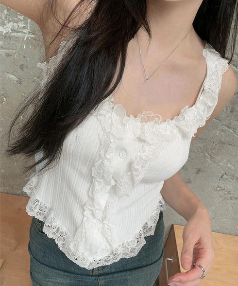 レースフリル ニットタンクトップ 韓国風 レディース レースドッキング ニットトップス 大人可愛い ノースリーブニットソー きれいめニットキャミソール インナー秋 84WANJIA-020